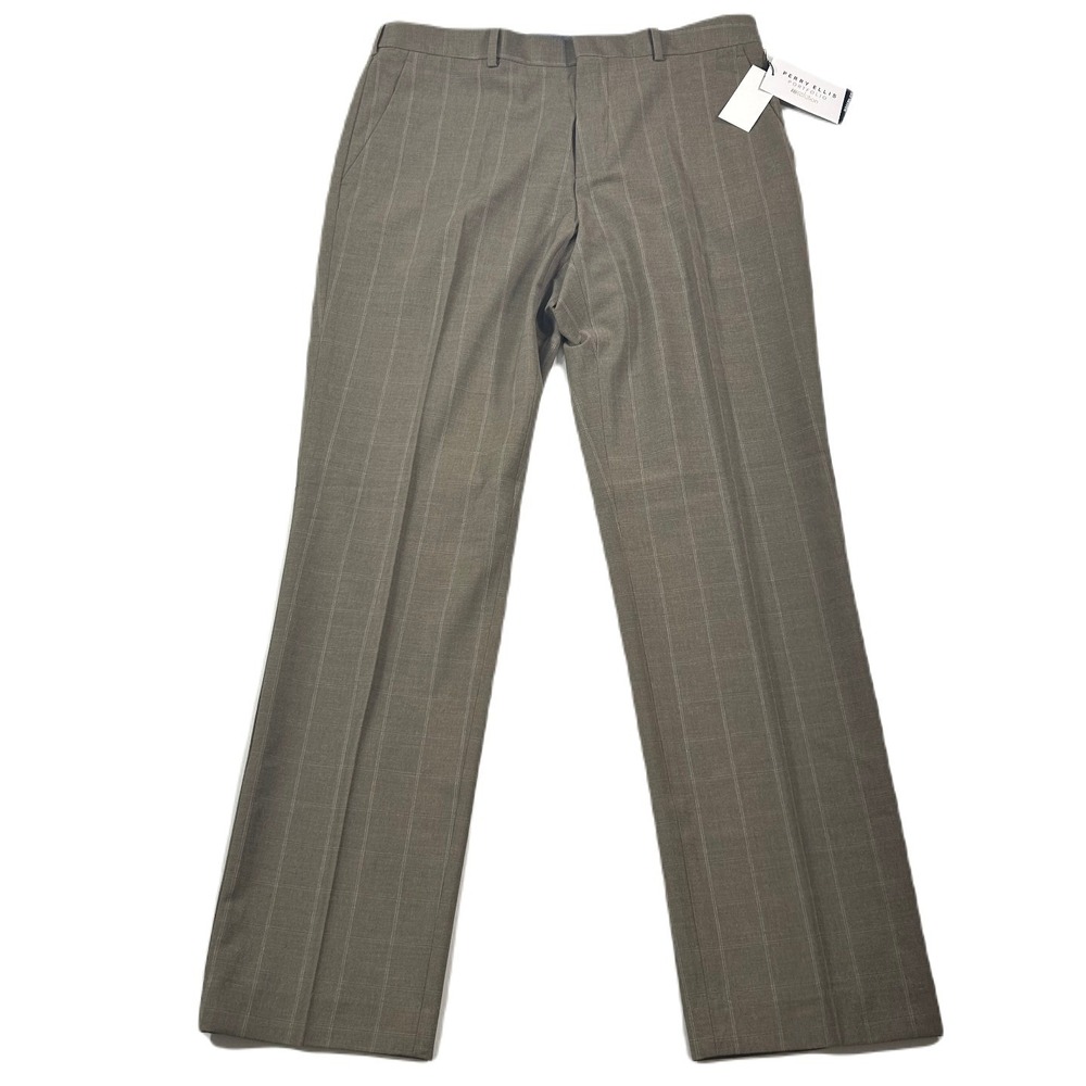 Perry Ellis Dress Pants Mens 33x32 Dark Beige Window Modern-Fit‎ NEW